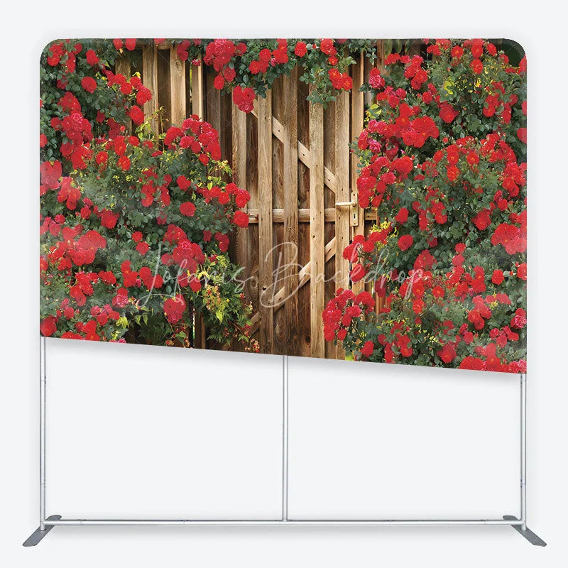 Lofaris Red Roses and Rustic Wood Gate Garden Backdrop Floral Wedding Anniversary Party Decor Romantic Tension Fabric