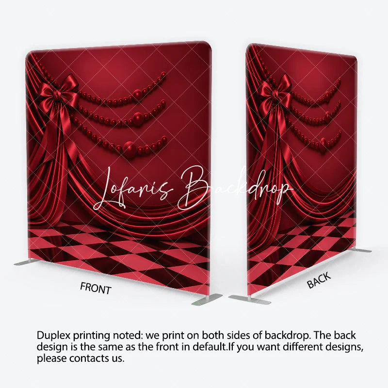 Lofaris Red Satin Drapes and Bow Square Double-Sided Backdrop with Elegant Checkerboard Floor Pearl Beads