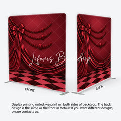 Lofaris Red Satin Drapes and Bow Square Double-Sided Backdrop with Elegant Checkerboard Floor Pearl Beads