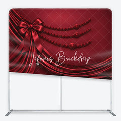 Lofaris Red Satin Drapes and Bow Square Double-Sided Backdrop with Elegant Checkerboard Floor Pearl Beads