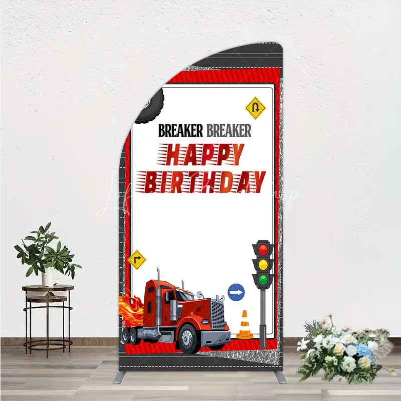 Lofaris Red Semi Truck Half Moon Arch Backdrop Transportation Birthday Party Tire Photography Background