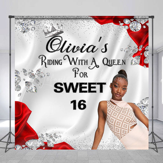 Lofaris Red Silver Diamonds Custom Photo Sweet 16 Backdrop