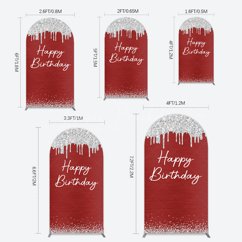 Lofaris Red Silver Glitter Happy Birthday Arch Backdrop
