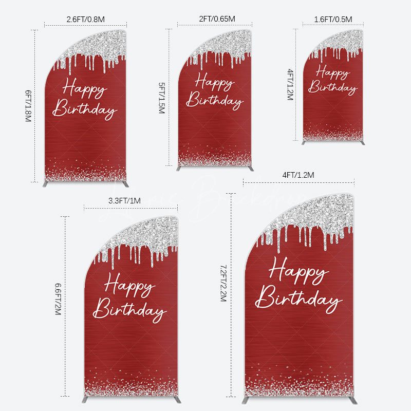 Lofaris Red Silver Glitter Happy Birthday Half Moon Arch Backdrop