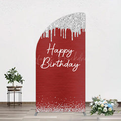 Lofaris Red Silver Glitter Happy Birthday Half Moon Arch Backdrop