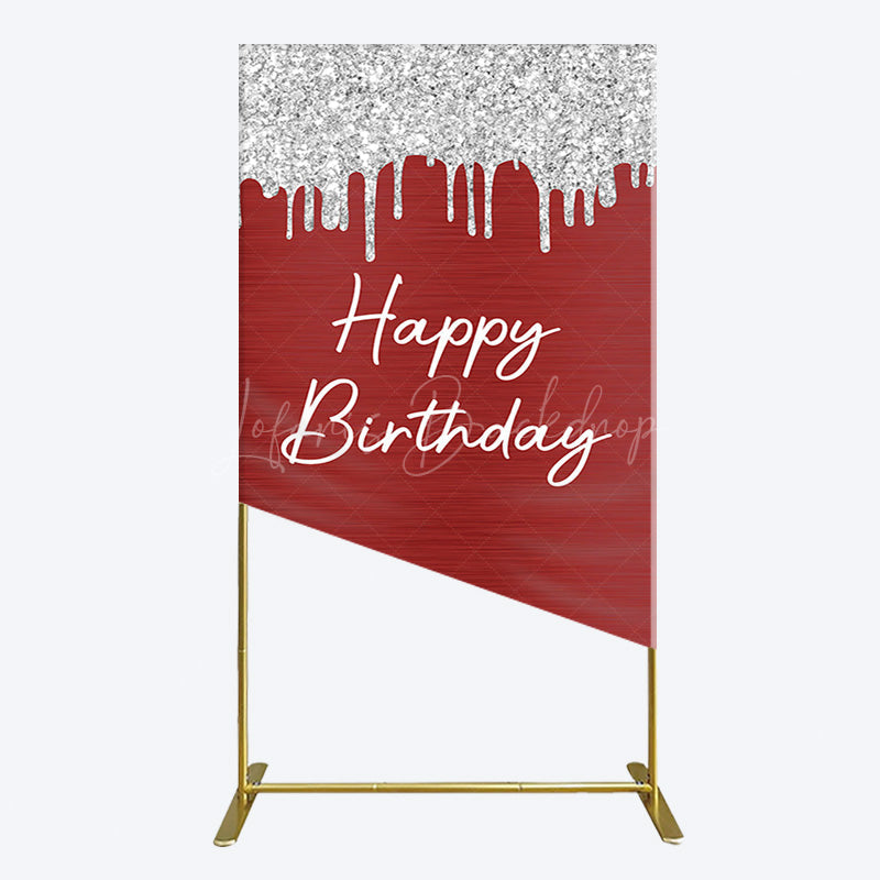 Lofaris Red Silver Glitter Happy Birthday Rectangle Backdrop