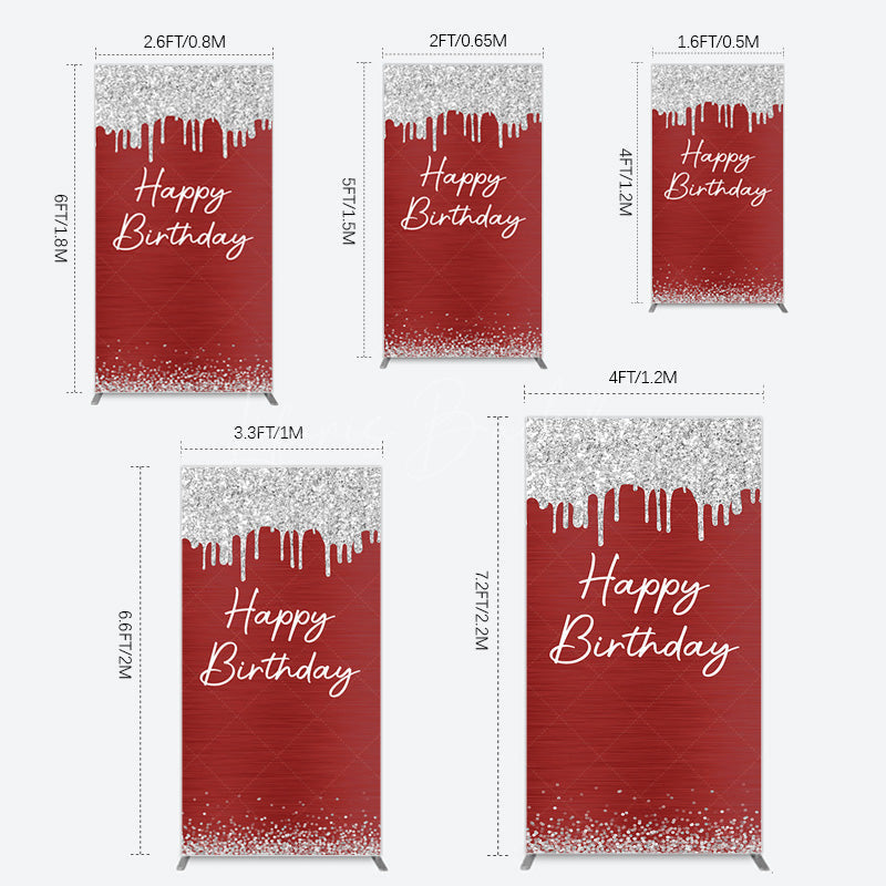 Lofaris Red Silver Glitter Happy Birthday Rectangle Backdrop