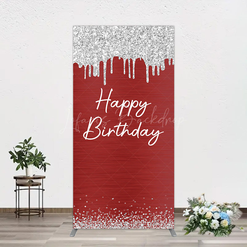Lofaris Red Silver Glitter Happy Birthday Rectangle Backdrop