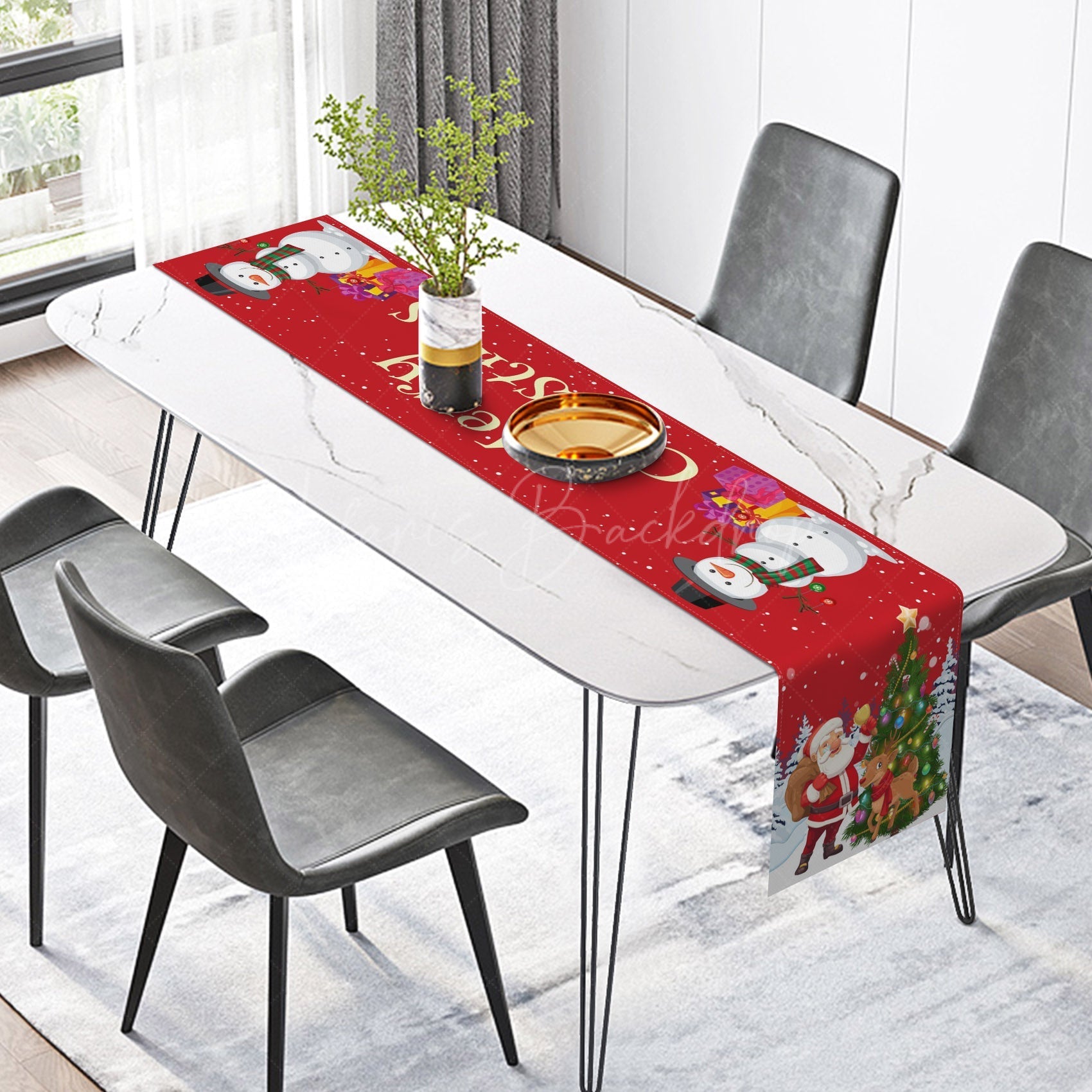 Lofaris Red Snowman Santa Elk Gift Christmas Table Runner