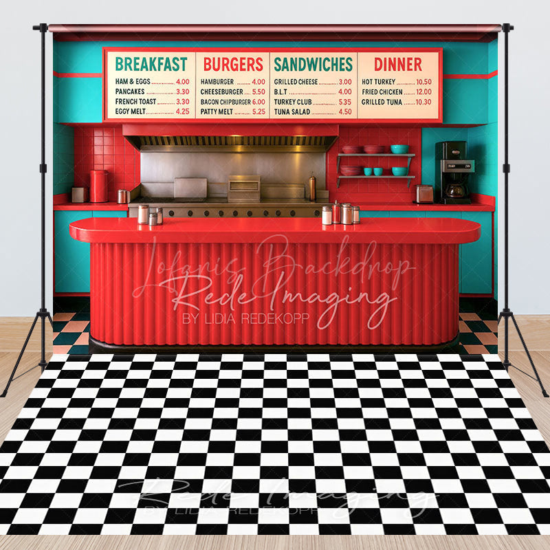 Lofaris Red Teal Retro Diner Plaid Floor Combo Set Backdrop