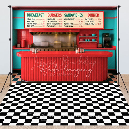 Lofaris Red Teal Retro Diner Plaid Floor Combo Set Backdrop