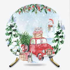 Lofaris Red Truck Christmas Round Backdrop Watercolor Winter Snowman Photography Background