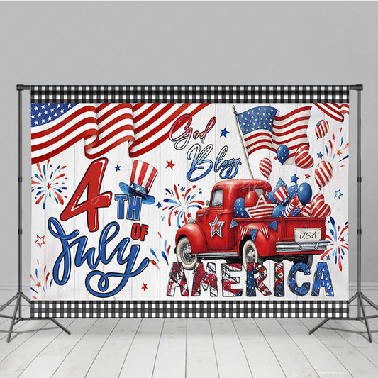 Lofaris Red Truck Flag 4th of July Independence Day Backdrop