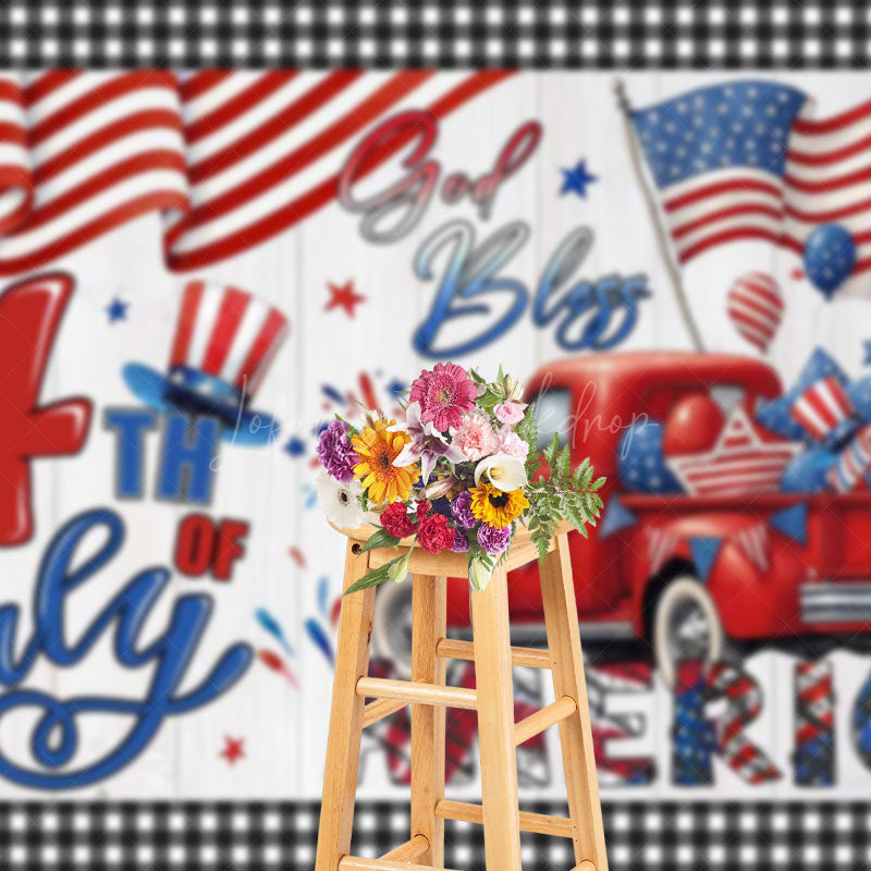 Lofaris Red Truck Flag 4th of July Independence Day Backdrop
