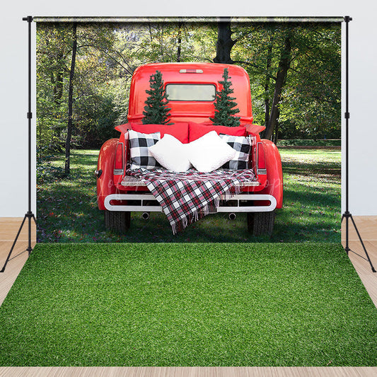 Lofaris Red Truck Green Forest Christmas Combo Set Backdrop