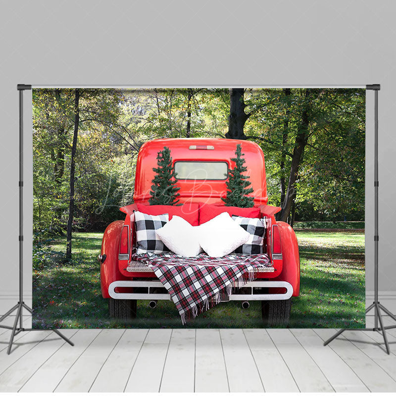 Lofaris Red Truck Green Forest Christmas Combo Set Backdrop