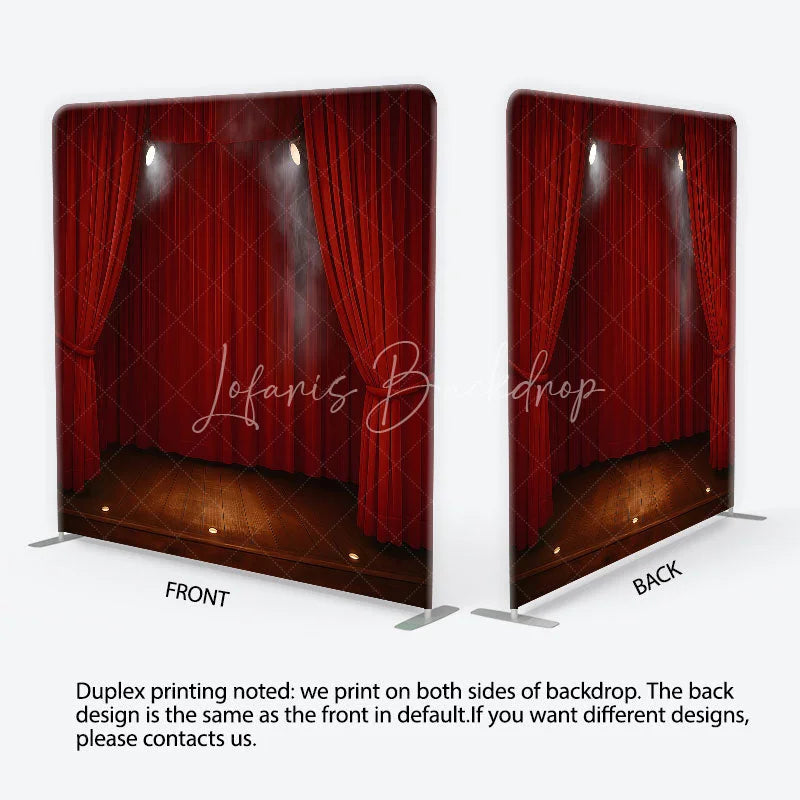 Lofaris Red Velvet Theater Stage Square Double-Sided Backdrop Dramatic Spotlights and Wooden Floor for Events