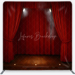Lofaris Red Velvet Theater Stage Square Double-Sided Backdrop Dramatic Spotlights and Wooden Floor for Events