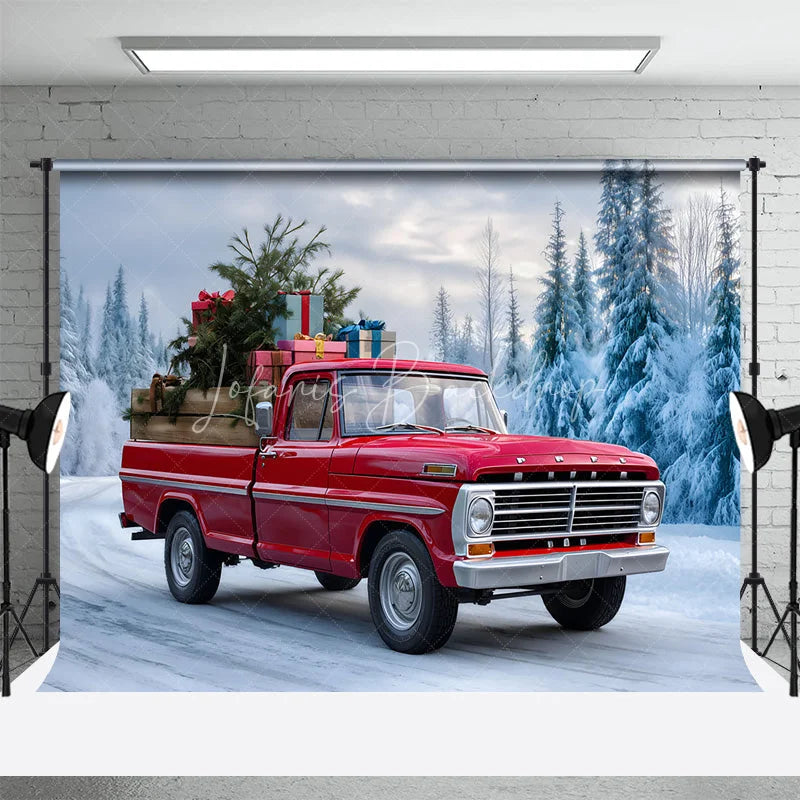 Lofaris Red Vintage Truck Christmas Backdrop Winter Snow Forest Tree Photography Background Car Carrying Gifts Holiday Party Banner