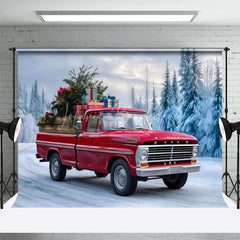 Lofaris Red Vintage Truck Christmas Backdrop Winter Snow Forest Tree Photography Background Car Carrying Gifts Holiday Party Banner