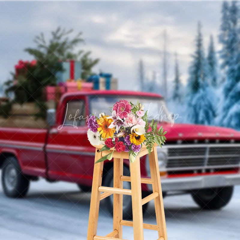 Lofaris Red Vintage Truck Christmas Backdrop Winter Snow Forest Tree Photography Background Car Carrying Gifts Holiday Party Banner