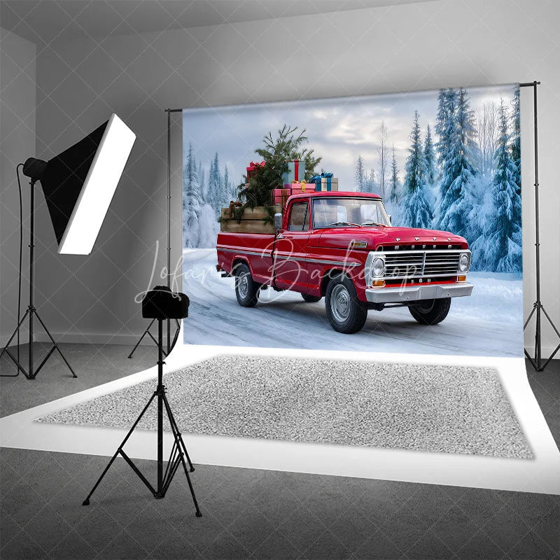 Lofaris Red Vintage Truck Christmas Backdrop Winter Snow Forest Tree Photography Background Car Carrying Gifts Holiday Party Banner