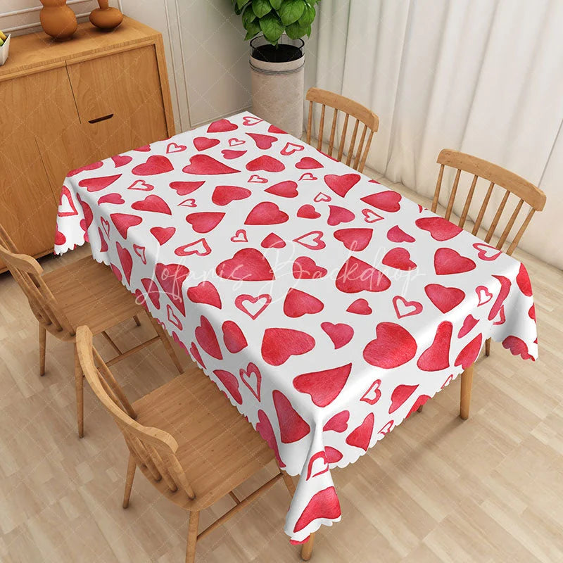 Lofaris Red Watercolor Heart Pattern Rectangle Tablecloth Hand Painted Love Art Table Cover Cute Valentine Home Decor