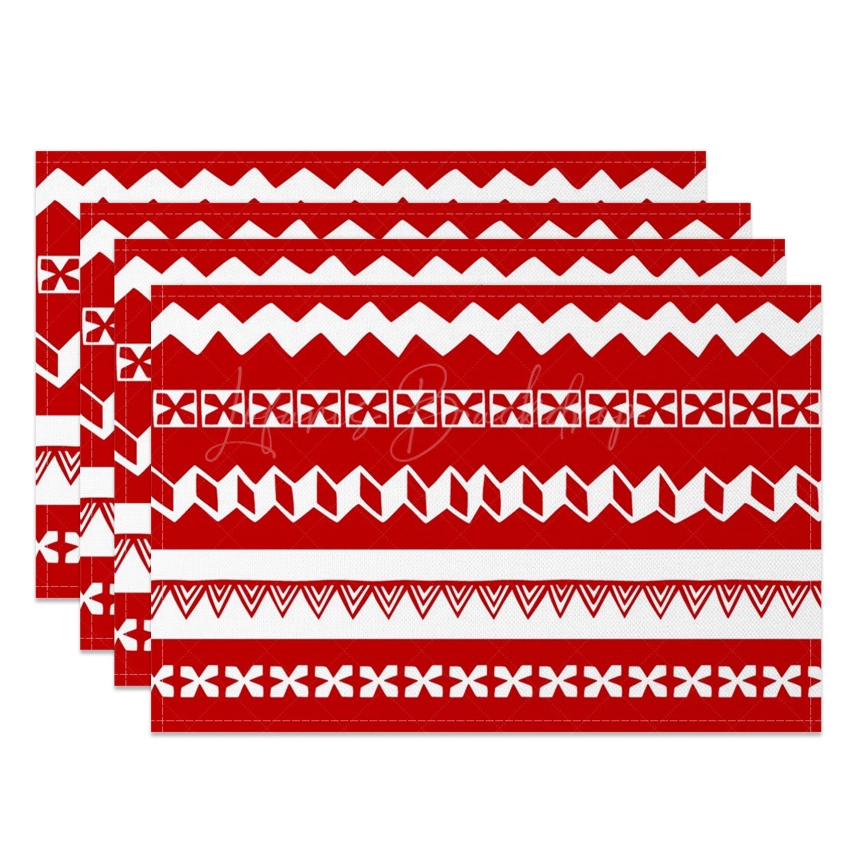 Lofaris Red White Abstract Fair Isle Xmas Set Of 4 Placemats
