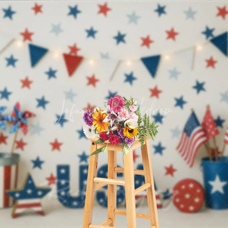 Lofaris Red White and Blue Patriotic Photography Backdrop USA Letters Festive Bunting Garland for Independence Day Celebration