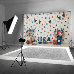 Lofaris Red White and Blue Patriotic Photography Backdrop USA Letters Festive Bunting Garland for Independence Day Celebration
