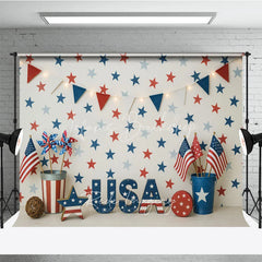 Lofaris Red White and Blue Patriotic Photography Backdrop USA Letters Festive Bunting Garland for Independence Day Celebration