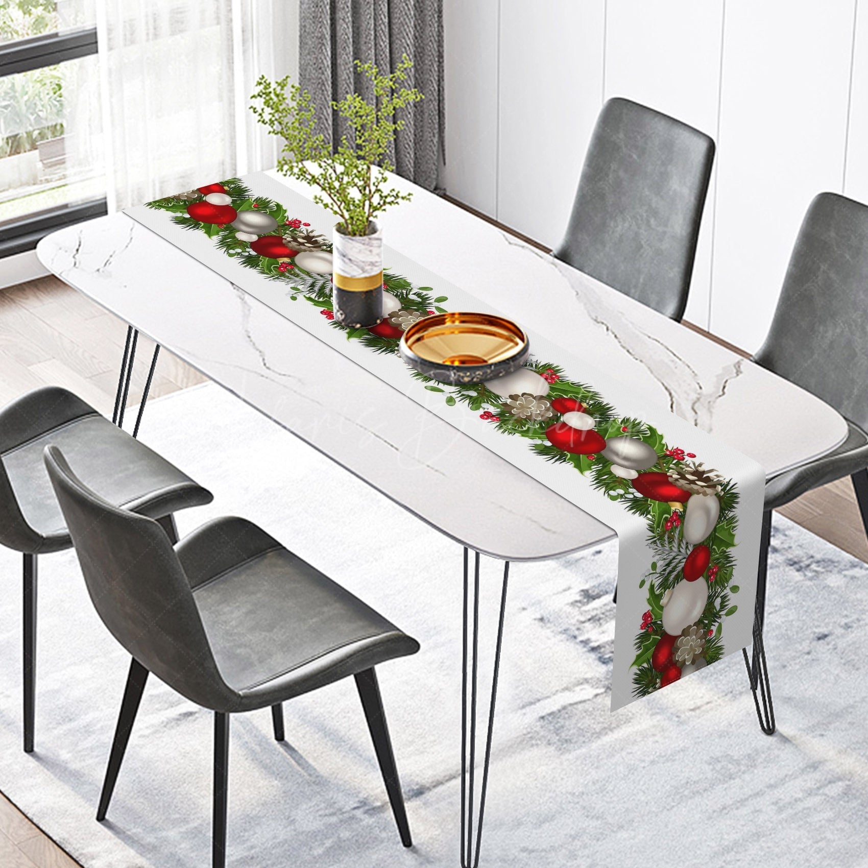 Lofaris Red White Bauble Pine Leaves Christmas Table Runner