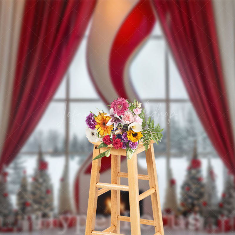 Lofaris Red White Curtain Fireplace Window Christmas Backdrop
