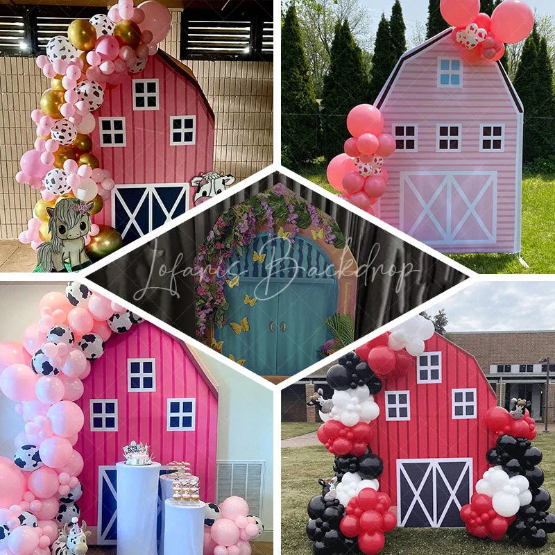 Lofaris Red White Farm House Barn Door Arch Party Backdrop