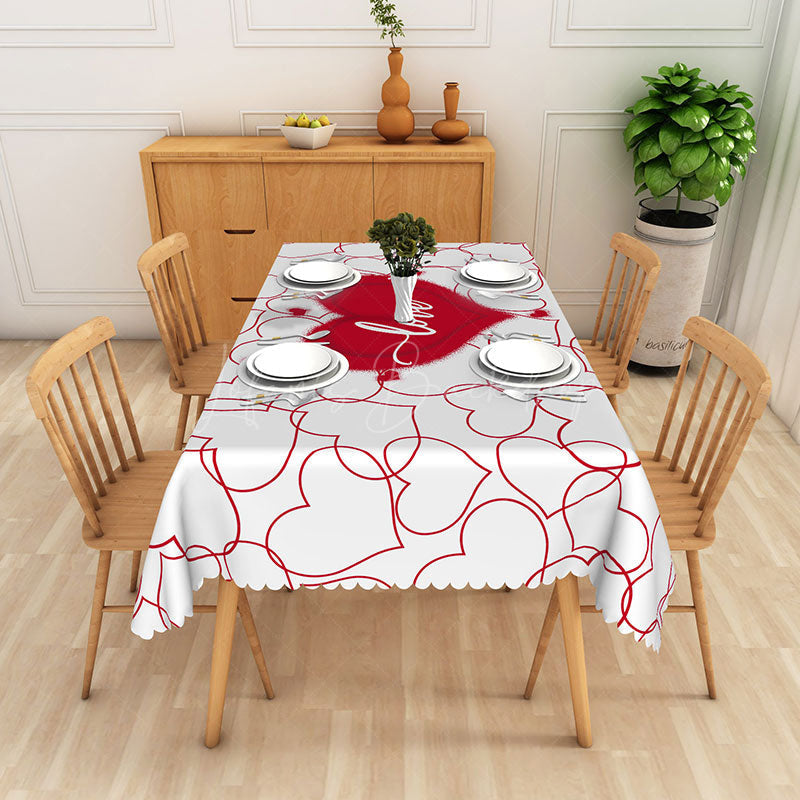 Lofaris Red White Love Heart Valentines Rectangle Tablecloth