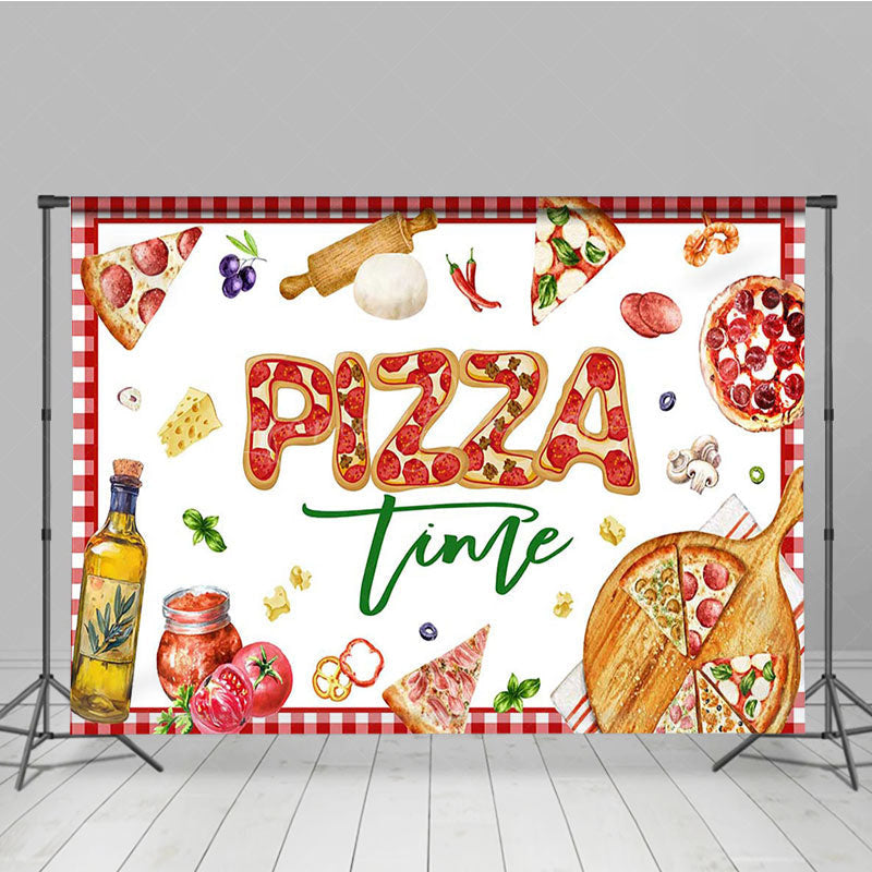 Lofaris Red White Plaid Tempting Pizza Time Party Backdrop