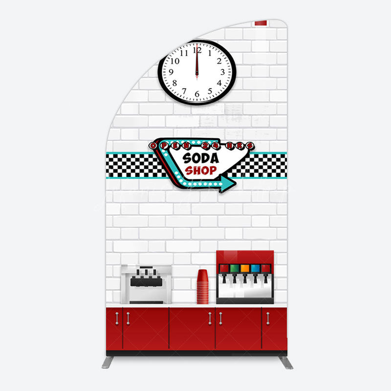 Lofaris Red White Soda Shop Clock Birthday Arch Backdrop