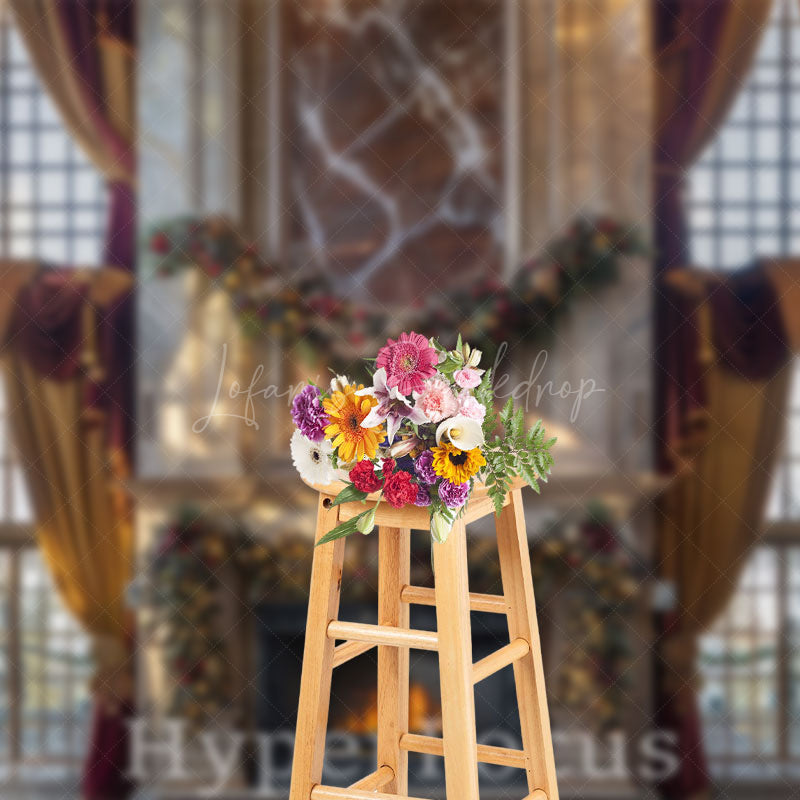 Lofaris Red Yellow Curtain Fireplace Christmas Vibe Backdrop
