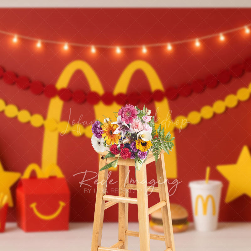 Lofaris Red Yellow M Burger Shop Birthday Cake Smash Backdrop