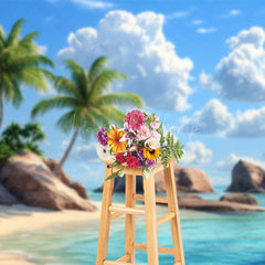 Lofaris Relaxing Tropical Beach Scene Palms Rocks Backdrop