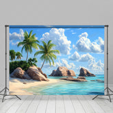 Lofaris Relaxing Tropical Beach Scene Palms Rocks Backdrop