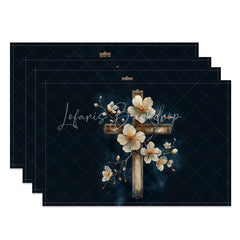Lofaris Religious Cross Set of 4 Placemats White Flowers and Ribbon Deep Blue Holy Table Mats Decor