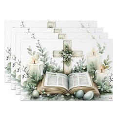 Lofaris Religious Easter Cross Bible Set of 4 Placemats Holy Candle Egg Decoration Spring Faith Dining Table Mat