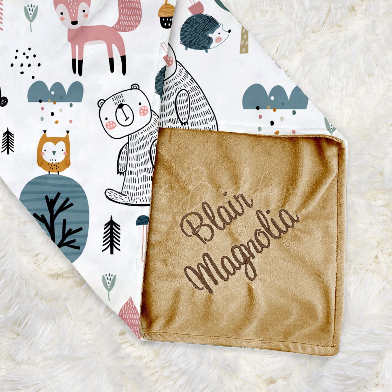 Lofaris Repeated Cute Fox Bears Trees Minky Baby Blanket