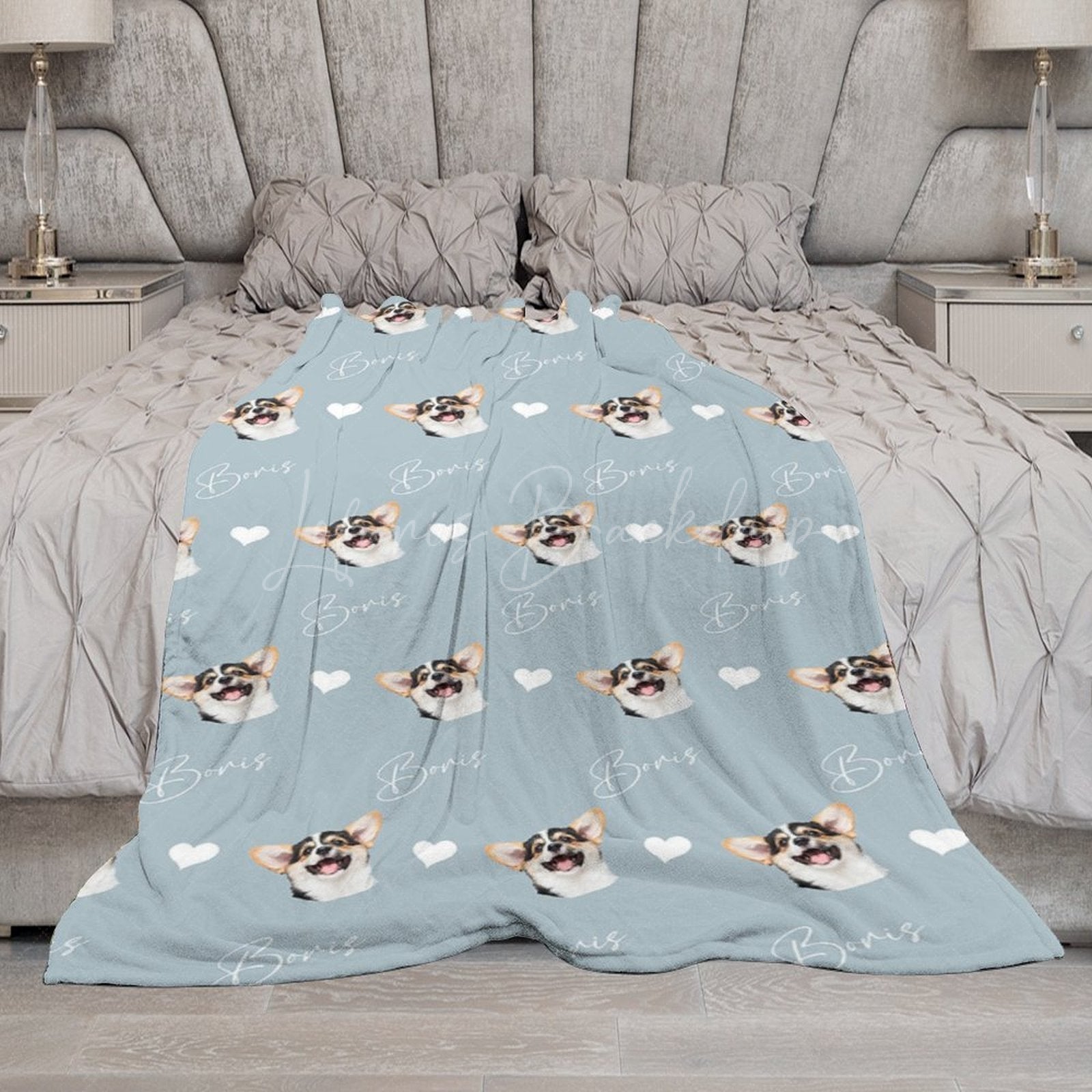 Lofaris Repeated Dog Head Heart Name Blue Custom Pet Blanket