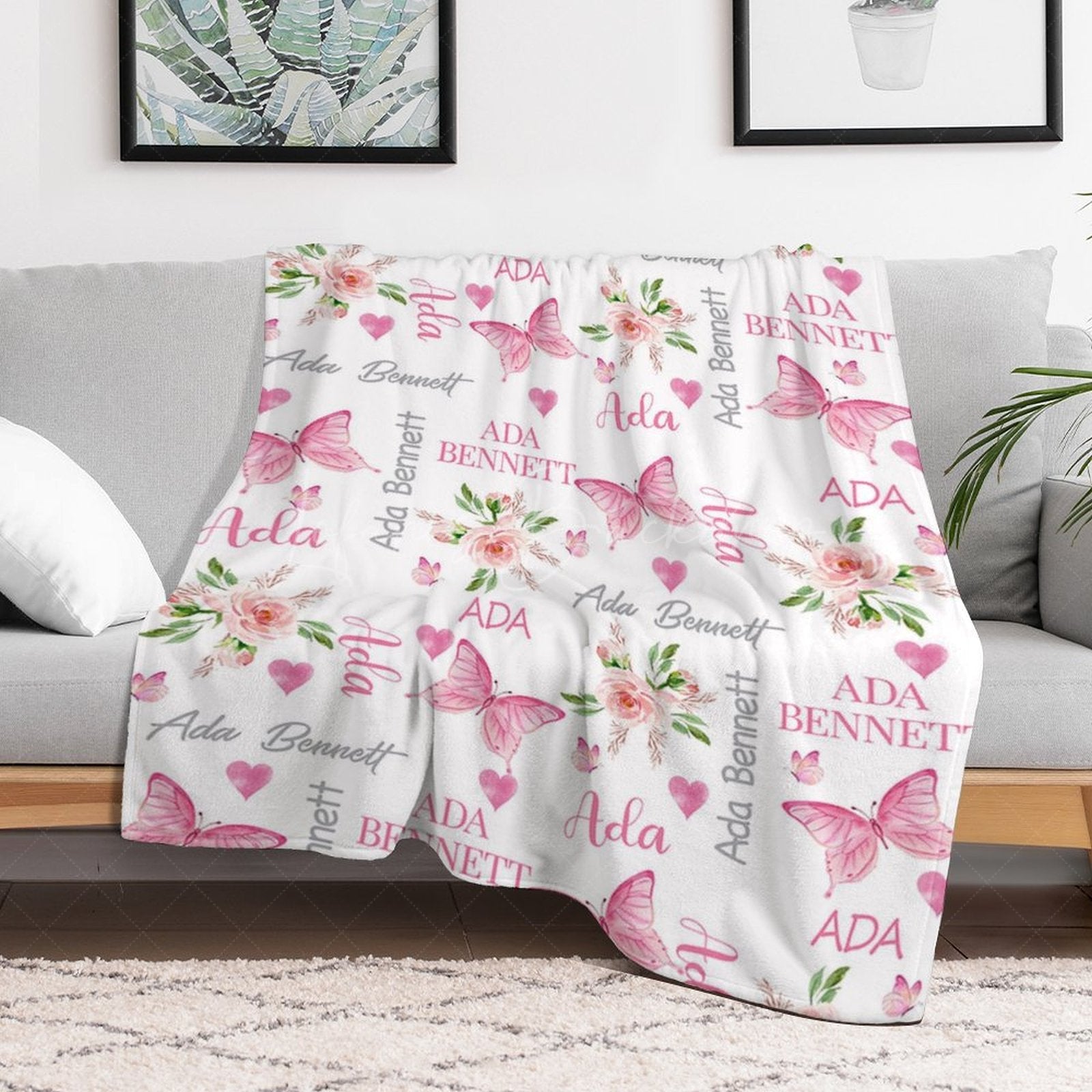 Lofaris Repeated Pink Butterfly Floral Custom Name Blanket