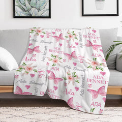 Lofaris Repeated Pink Butterfly Floral Custom Name Blanket