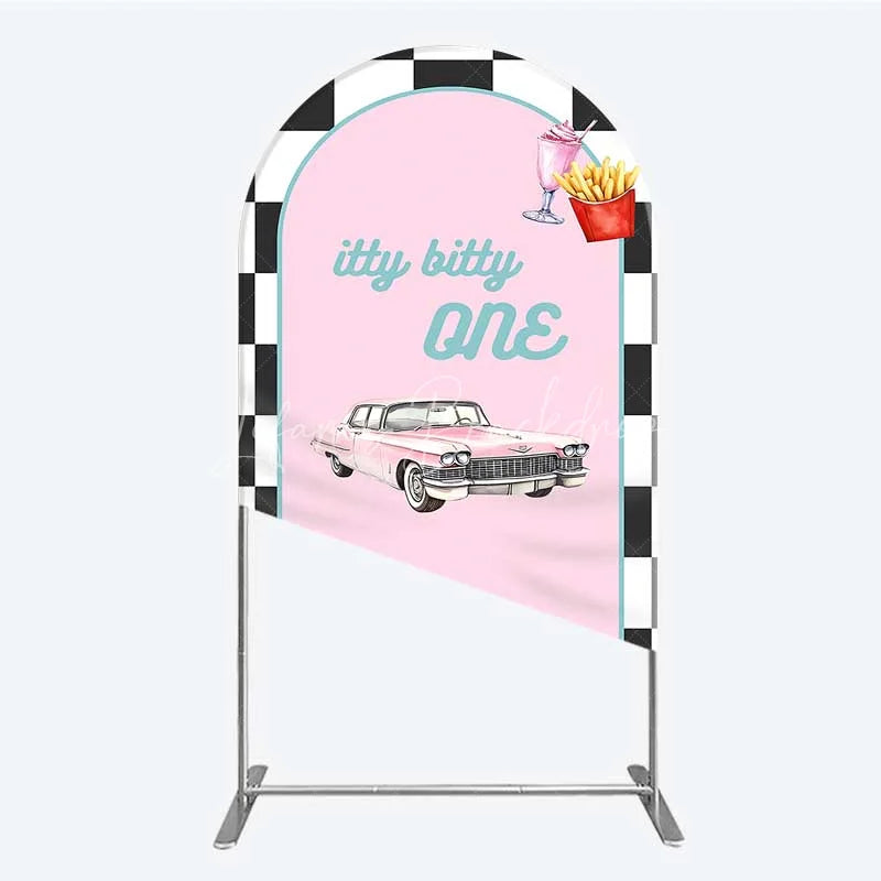 Lofaris Retro 50s Diner Arch Backdrop Pink Classic Car and Milkshake 1st Birthday Party Decoration