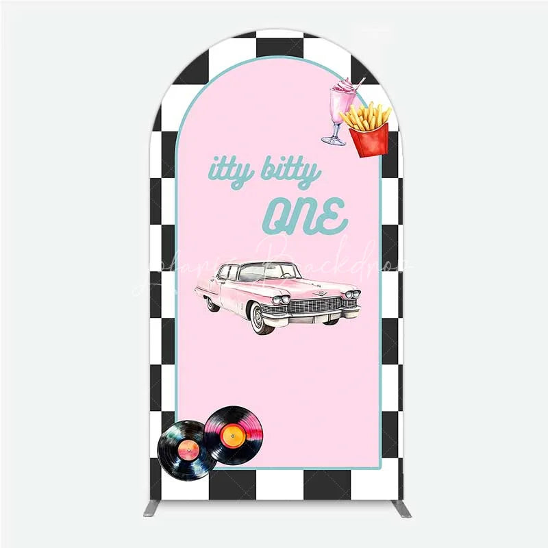 Lofaris Retro 50s Diner Arch Backdrop Pink Classic Car and Milkshake 1st Birthday Party Decoration