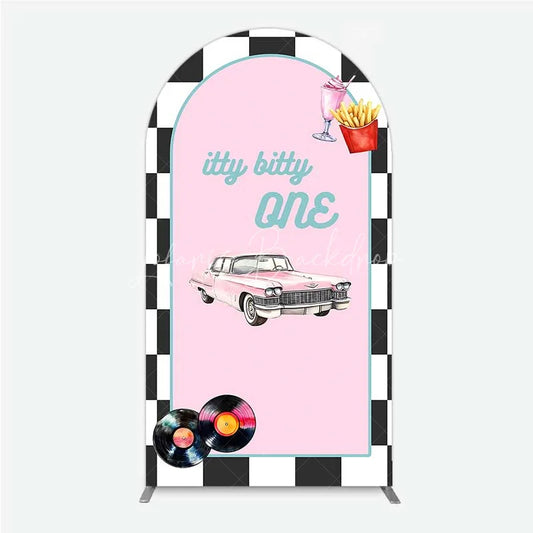 Lofaris Retro 50s Diner Arch Backdrop Pink Classic Car and Milkshake 1st Birthday Party Decoration